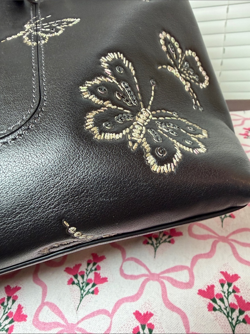 Coach Black Leather Butterfly-Embroidered Tote - Picture 8 of 8